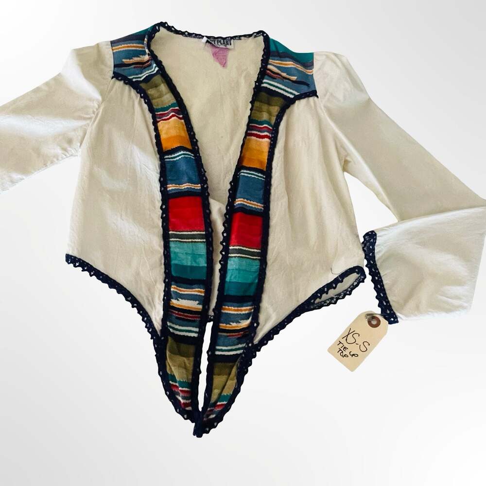Pant Plant California Vintage Cotton Multi Color Striped Tie Front Bolero Top - Picture 4 of 5